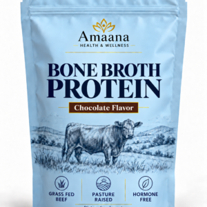 Amaana Bone Broth Protein Chocolate Flavor, 1 lb (454 g), light blue pouch with brown flavor label