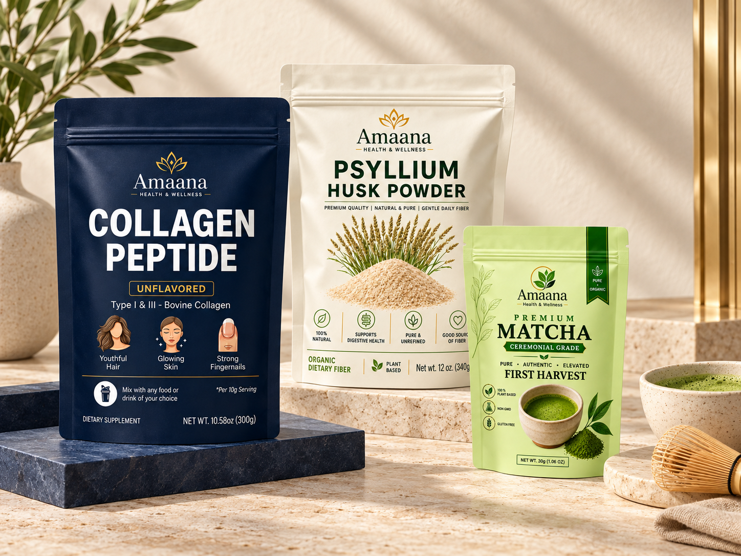 Amaana collagen peptide, psyllium husk and matcha pouches in a sunlit everyday wellness setting.